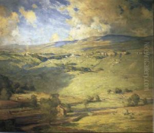 Extensive Rolling Landscape With Farmstead, Church And Haymakers