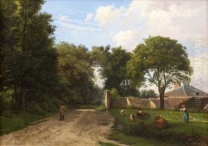 Promeneur, Paysanne Et Troupeau Devant Une Ferme Promeneur, Paysanne Et Troupeau Devant Une Ferme