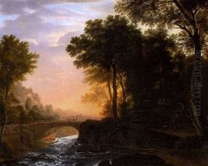 Waldlandschaft Mit Reissendem Bach, Uber Den Eine Brucke Fuhrt by Joh. Georg Primavesi