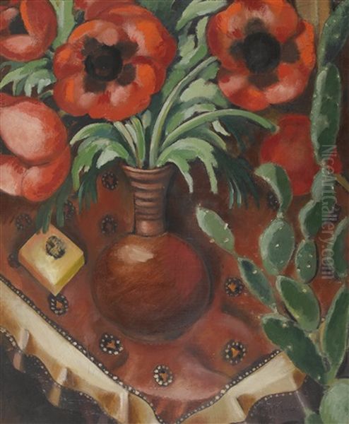 La Vase De Pavots Et Le Cactus Sur La Table - view 1