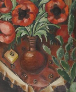 La Vase De Pavots Et Le Cactus Sur La Table by Andre Julien Prina
