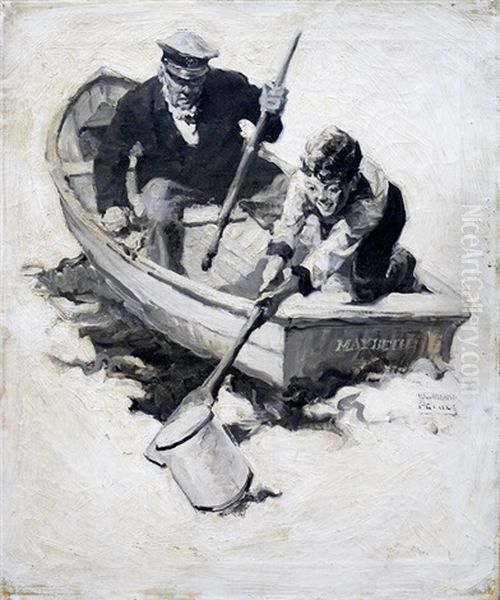 Man And Boy In Rowboat After A Container - view 1