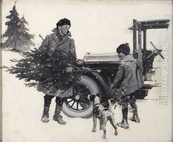Father And Son Gathering Christmas Tree Into Waiting Car (dodge) - view 1