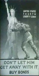 Poster Illustration. Hun Toppling Statue Of Liberty.        Don't Let Him Get Away With It