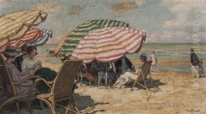 Figures At Leisure Under Striped Beach Umbrellas