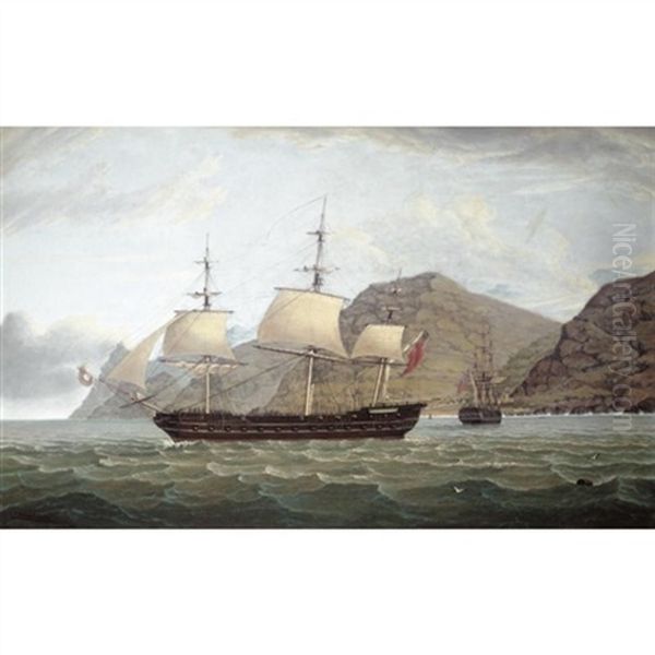 H.m. Frigate Phoenix Leaving St. Helena With Jamestown Off Her Stern - view 1