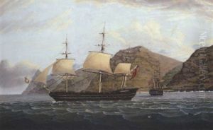 H.m. Frigate "phoenix" Leaving St. Helena With "jamestown" Off Her Stern by James Fulton Pringle