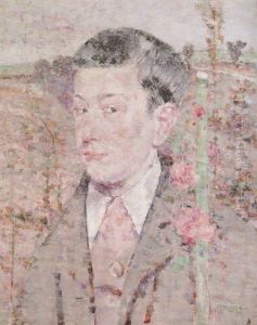 Portrait Of A Boy Wearing A Grey Suit And Pink Cravat, In A Summer Landscape