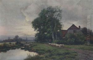 Paysage Aquatique En Hollande Anime D'une Bergere Aux Moutons Pres D'une Ferme by Ferdinand De Prins