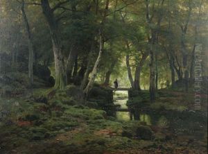 Paysanne Sur Le Pont Dans La Foret by Ferdinand De Prins