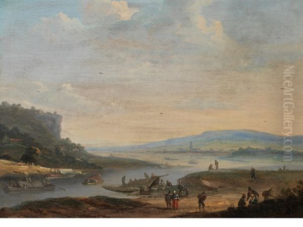 A Coastal Inlet With Figures Loading Barges, A Town In The Distance - view 1