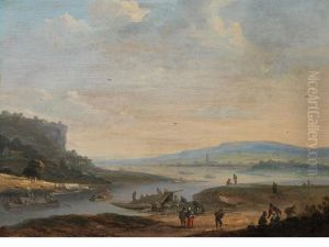 A Coastal Inlet With Figures Loading Barges, A Town In The Distance A Coastal Inlet With Figures Loading Barges, A Town In The Distance