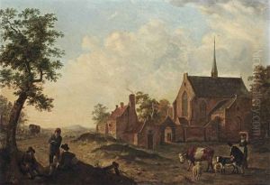 Travellers And Herdsmen Resting With Cattle By A Village Church Travellers And Herdsmen Resting With Cattle By A Village Church