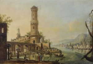 A Capriccio Of The Rhine With Elegant Figures On The Banks, Figures Unloading Fishing Boats Beyond