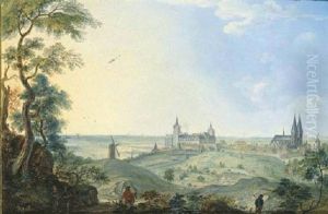 A Panoramic View Of Cleves With Monks And A Traveller On A Track In The Foreground by Johannes Huibert Prins