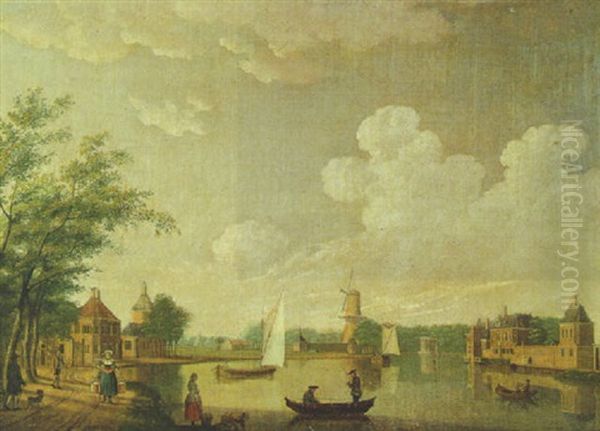 Countryfolk By A River, A Walled Mansion And A Windmill Beyond - view 1