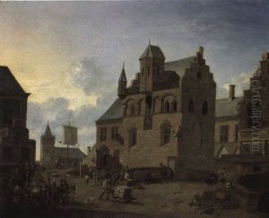 Capriccio Of A Dutch Town With A Vegetable Stall And Townsfolk by Johannes Huibert Prins