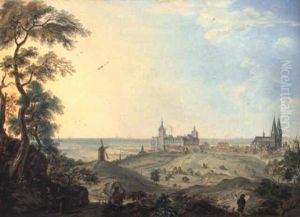 Panoramic View Of Cleves With A Horseman And Monks by Johannes Huibert Prins