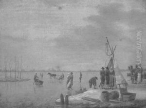 A Dutch Frozen River Landscape With Figures Skating