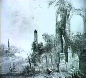 Figures Beside Classical Ruins by Johannes Huibert Prins