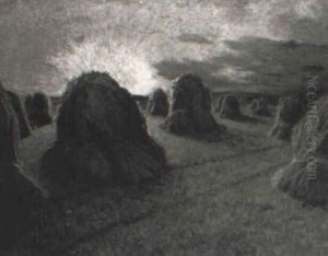Meules De Foin A Moylettes, Soleil Couchant by Pierre Ernest Prins