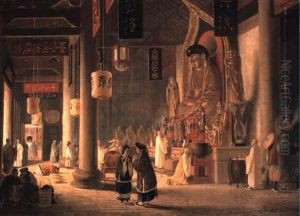 Interior View Of Chinese Temple With Figures