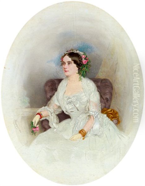 Sitzende Dame In Weisem Kleid Mit Einer Roten Blume In Der Rechten Hand - view 1