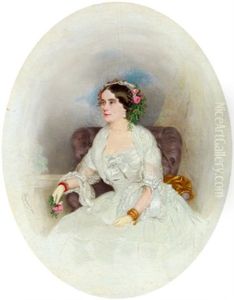 Sitzende Dame In Weisem Kleid Mit Einer Roten Blume In Der Rechten Hand