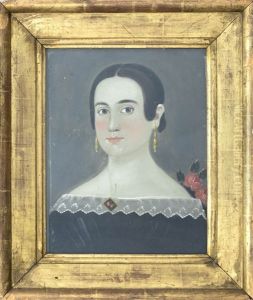 Primitive Portrait Of A Young Woman With Rosy Cheeks Wearing Gold Earrings