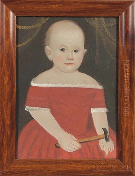 Portrait Of A Child In A Red Dress Holding A Hammer - view 1