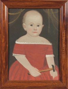 Portrait Of A Child In A Red Dress Holding A Hammer by William Matthew Prior