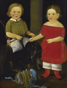 Blond-haired Boy Seated In A Child"s Rocker Holding A Whip, Girl In Red Dress With Eyelet Pantaloons And Red Shoes With A Black Dachshund: A Double Portrait by William Matthew Prior