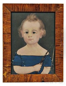 Portrait Of A Child In A Blue Dress Holding A Riding Crop