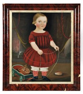 Portrait Of A Boy In A Red Dress With His Toy Wagon