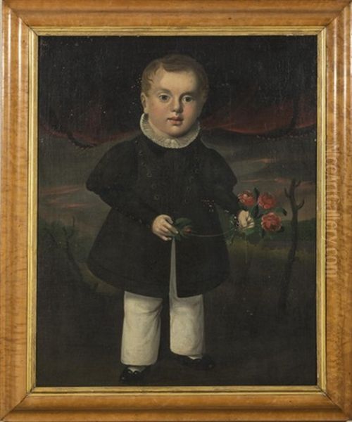 Full-length Portrait Of A Young Boy In A Ruffed Collar And Dark Coat Holding A Bunch Of Red Roses - view 1