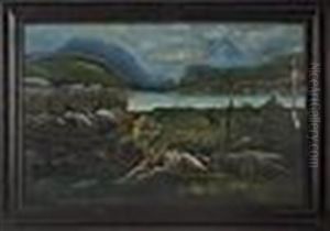 Landscape With Native Americans Standing By A Lake With Mountains In The Distance by William Matthew Prior