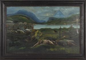 Native Americans Standing By A Lake With Mountains In The Distance by William Matthew Prior