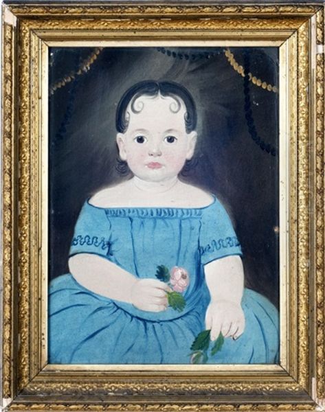 Portrait Of A Young Girl In Blue Holding Pink Roses - view 1