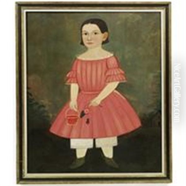 Portrait Of A Young Girl In Pink Dress With Basket Of Cherries And A Rose - view 1