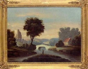 A Landscape: Fishermen By A River With A Cottage And Ruined Castle