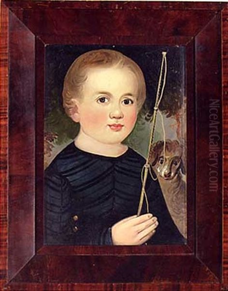 Portrait Of A Boy In A Dark Blue Outfit, With Whip And Dog - view 1