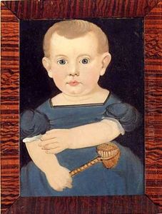 Portrait Of A Baby In A Blue Lace-trimmed Dress, Holding A Wicker Rattle