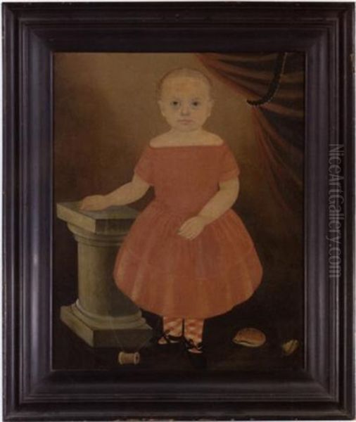 Portrait Of A Young Blond Boy With Red And White Argyle Socks, Posed With Pedestal, Shells And Spool Of Thread - view 1
