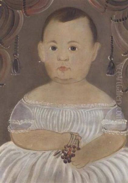 Portrait Of A Baby In A White Dress With Cherries - view 1