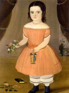 Portrait Of A Young Girl In Apricot Dress Holding Bouquet And Basket Of Berries by William Matthew Prior