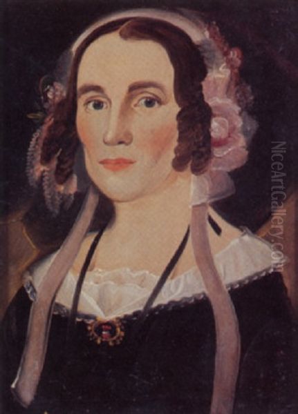 Portrait Of Young Woman In Bonnet With Pink Ribbons And Ruffles Wearing A Black Dress With White Lace Collar - view 1