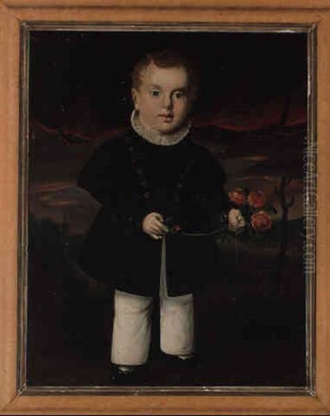 A Portrait Of A Young Boy Holding A Cluster Of Red Flowers - view 1