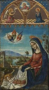 Vierge A L'enfant Adoree Par Les Anges. Au-dessus : Dieu Le Pere Entre L'ange Et La Vierge De L'annonciation