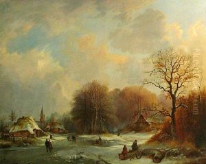 A Winter Landscape With Figures Skating On A Frozen River