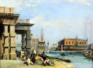 View Of St. Mark's Square And The Doge's Palace, Venice, With Figures Gathered On The Steps Of Punta Della Dogona Di Mare by Edward Pritchett